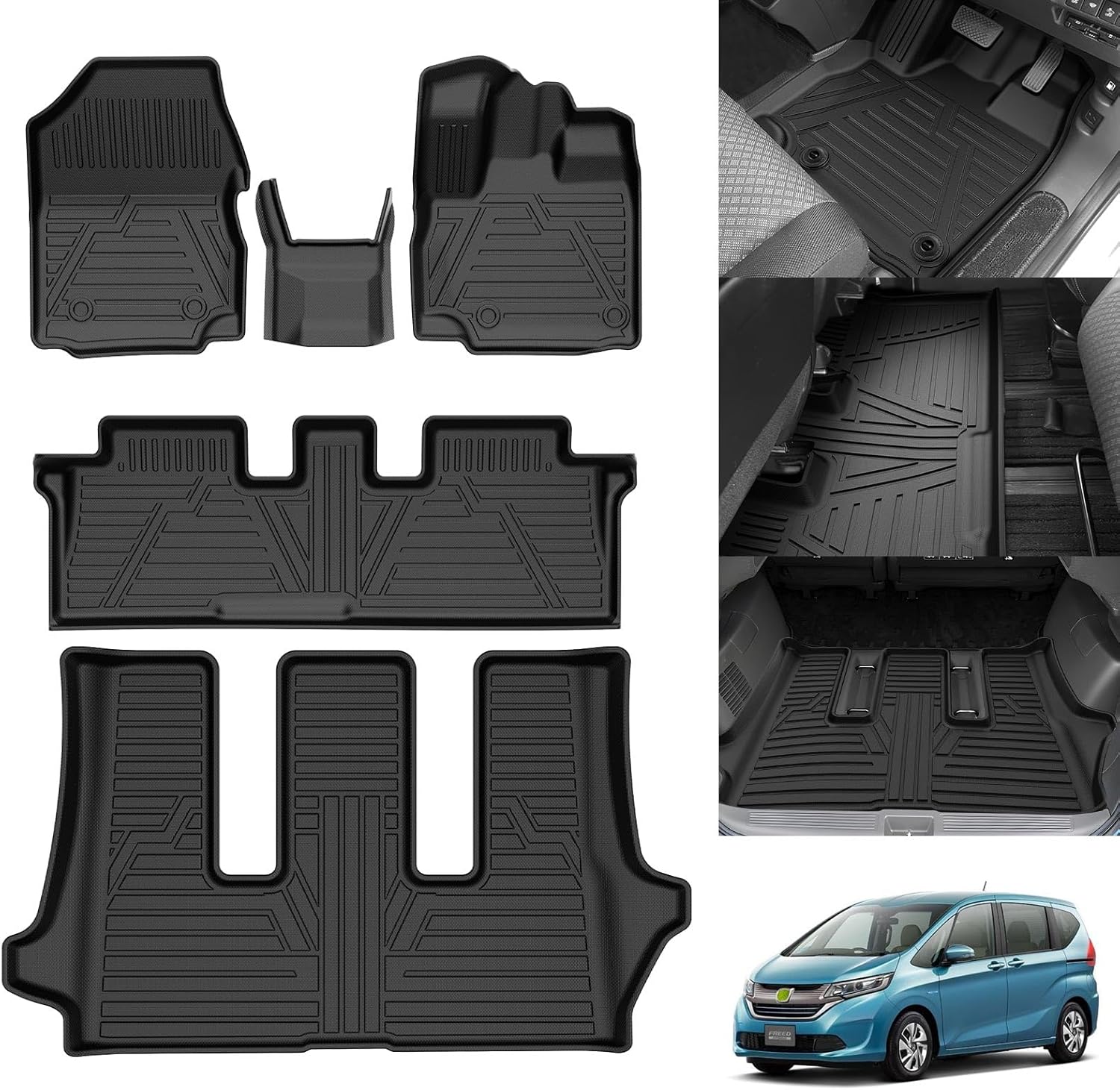 Honda Freed Floor Mat + 2nd Mat + Luggage Mat 5 Piece Set Freed Car Mat gb5 Luggage Tray gb6 Cargo Mat 3D Dimensional Edge Height Waterproof Trunk Mat Custom Parts TPE Anti-Slip (Honda Freed GB