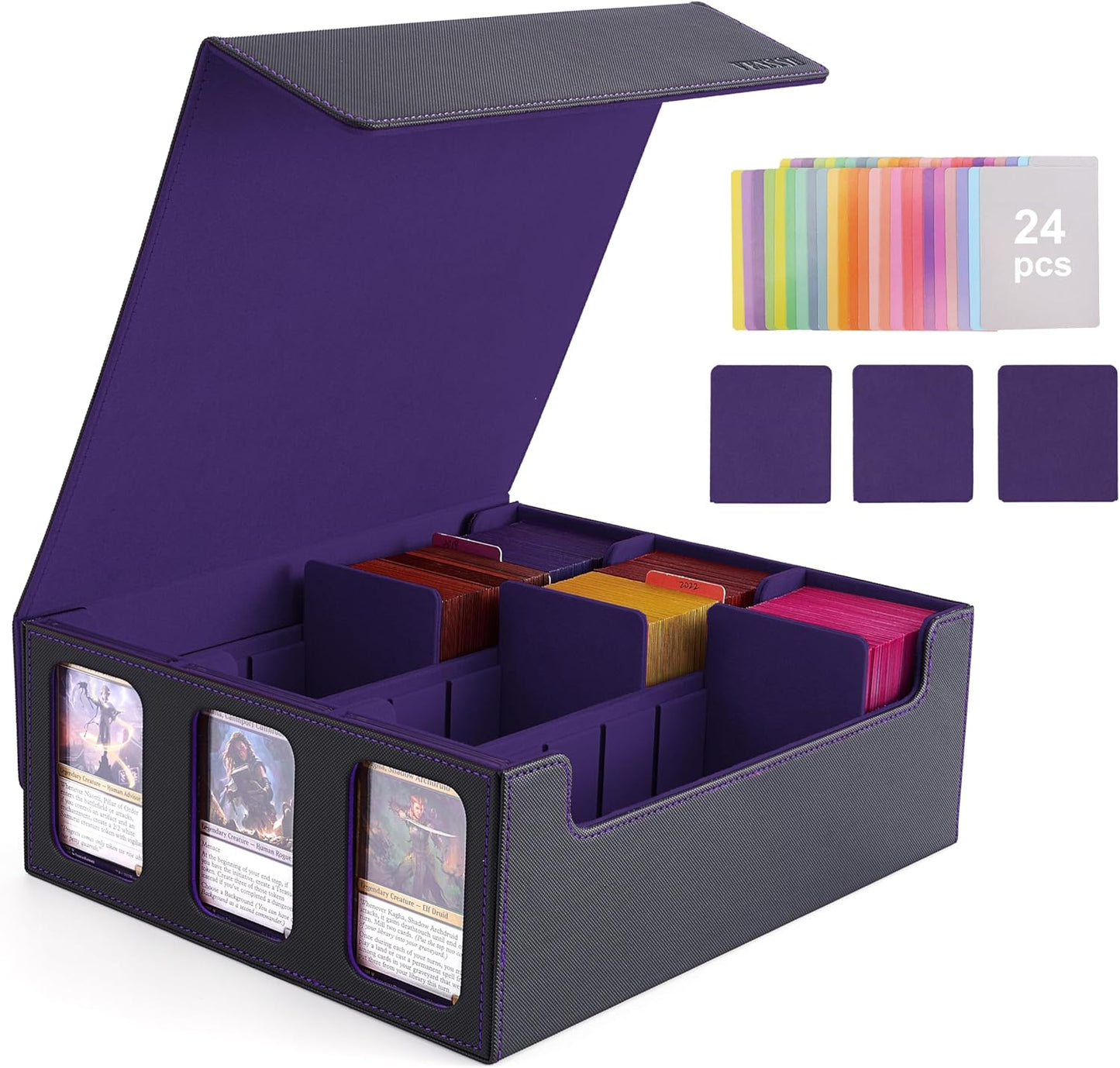 Deck Case, Trading Card Case, Card Storage Box, Card Case, Trading Card Storage, 2300+ Window, Divider Plate, Card Stopper, Compatible with Yugioh Pokeca MTG Various Card Games (Purple with Black, 3