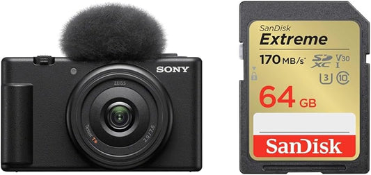 Sony Vlog Camera VLOGCAM Digital Camera ZV-1F Windscreen Included, Monofocal Lens, Black ZV-1F B + [SanDisk SD Card] SanDisk SD Card 64GB SDXC Class 10 UHS-I U3 V30Extreme SDSDXV2-064G-GHJIN New