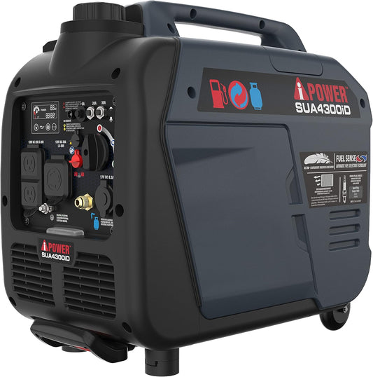 A-iPower Portable Inverter Generator, Dual Fuel, 4300W, RV Compatible, EPA & CARB Compliant, CO Sensor, Lightweight, Telescopic Handle, Home Backup, Tailgate & Camping (SUA4300iD)
