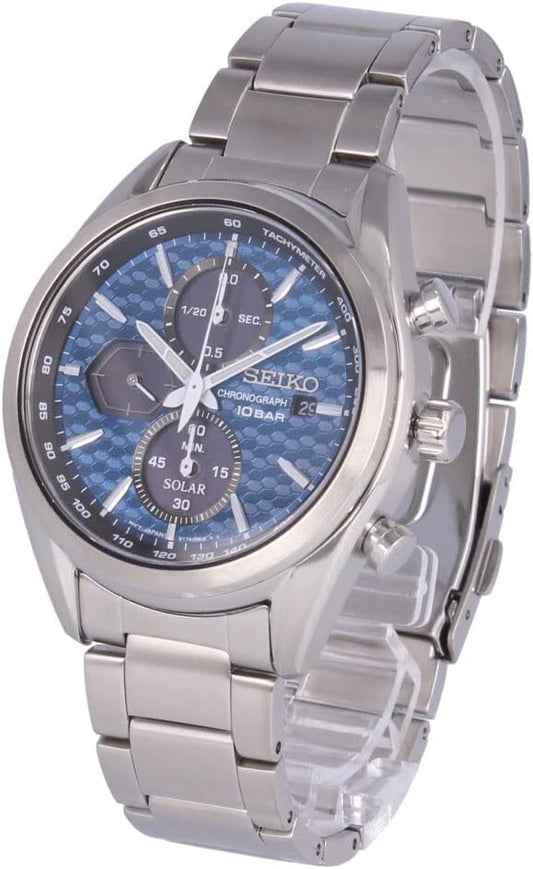 Seiko SSC801P Watch, Men's, Waterproof, Solar, Chronograph, Metal, Silver, Blue, Business, Bracelet Type