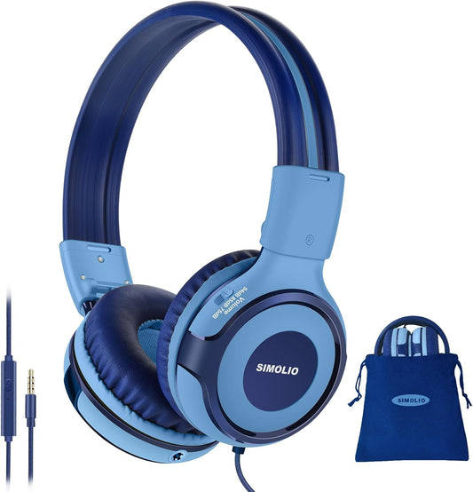 SIMOLIO Kids Headphones Wired Headphones with Microphone 94db Volume Limit Hearing Protection Voice Chat Fortnite 3.5mm Cord for School/Travel Blue 902B