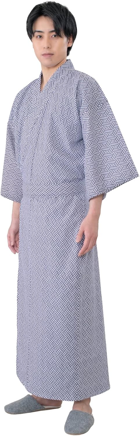 Men's Gauze Yukata, Made in Japan, 100% Cotton, Double Layered Gauze with Obi, Ryokan Yukata, Nemaki, Patterned