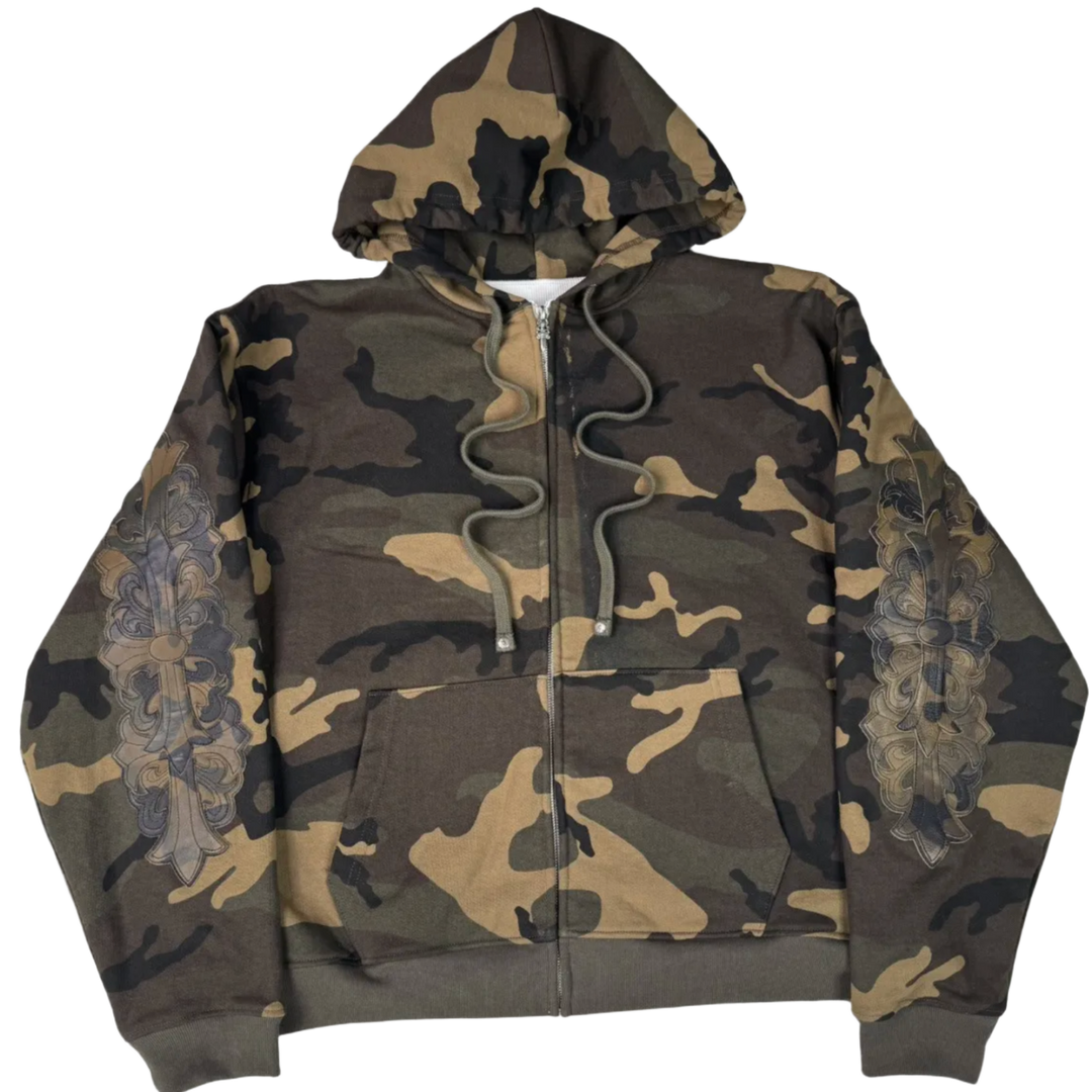 CHROME HEARTS 'CAMO LEATHER HORSESHOE PATCH' THERMAL ZIP UP HOODIE