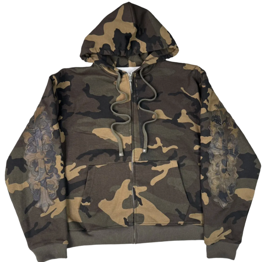 CHROME HEARTS 'CAMO LEATHER HORSESHOE PATCH' THERMAL ZIP UP HOODIE