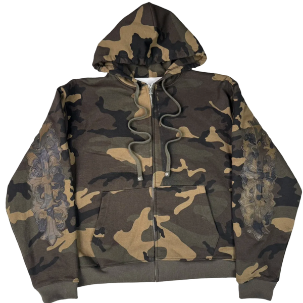 CHROME HEARTS 'CAMO LEATHER HORSESHOE PATCH' THERMAL ZIP UP HOODIE