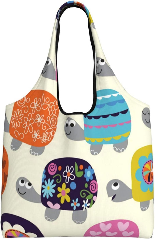 LONGOCEAN ILIUEND Turtle Pattern, Sea Turtle, Floral Pattern, Eco Bag, Shopping Bag, Large Capacity, Folding, Compact, Canvas, Shopping Bag, Lightweight, Shopping Bag, Tote Bag, Convenient Store