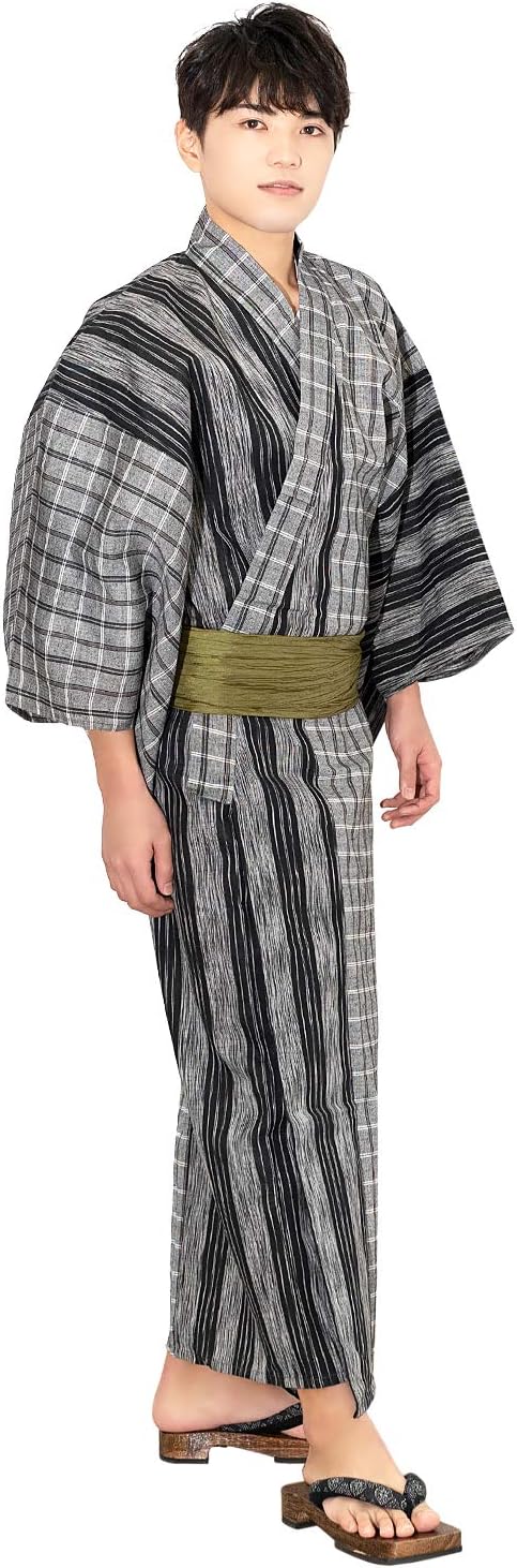 Kyoetsu Men's Yukata (Summer Cotton Kimono) 4-Piece Set, Includes Obi (Sash), Geta (Wooden Clogs), R