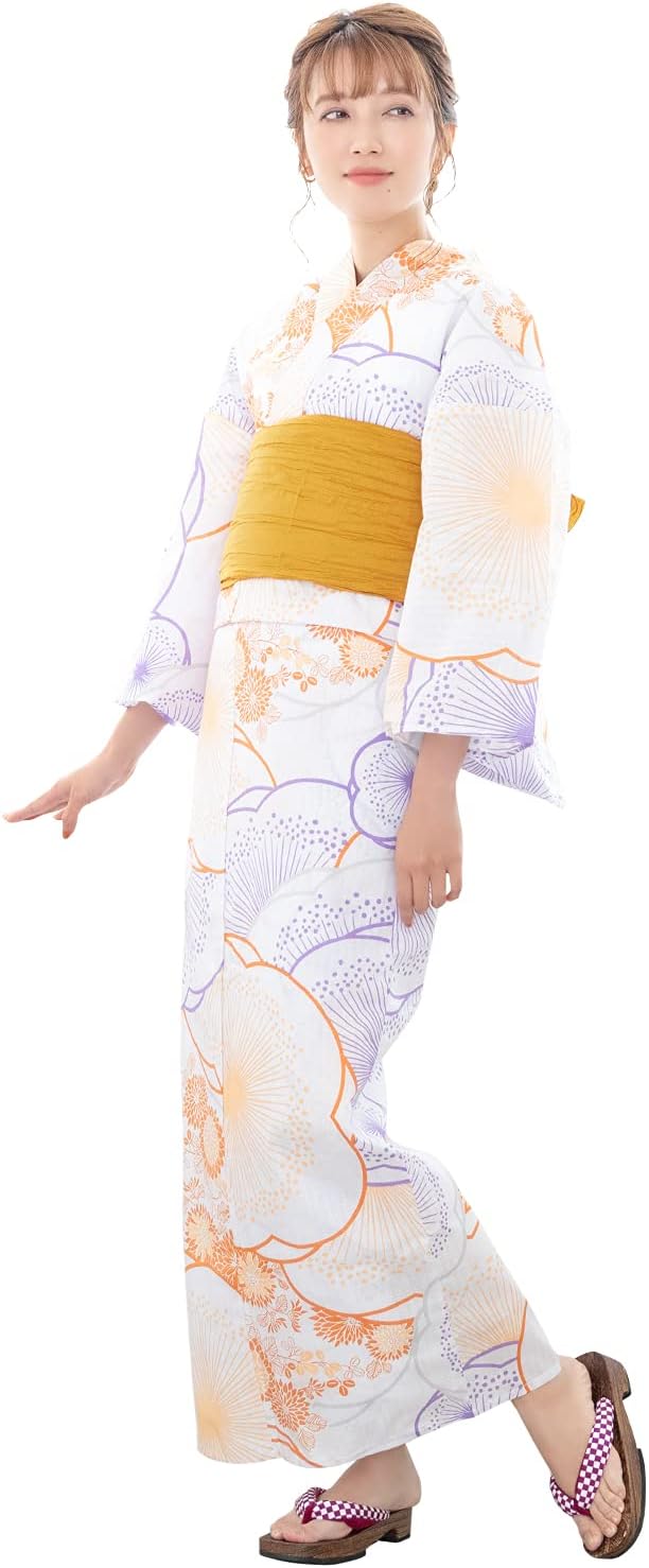 Kyoetsu Retro C Women's Yukata Robe, Kawari Weave, 6-Piece Set, (Yukata, Waistband, Undergarment, Wooden Clogs, Waist Cord x 2)