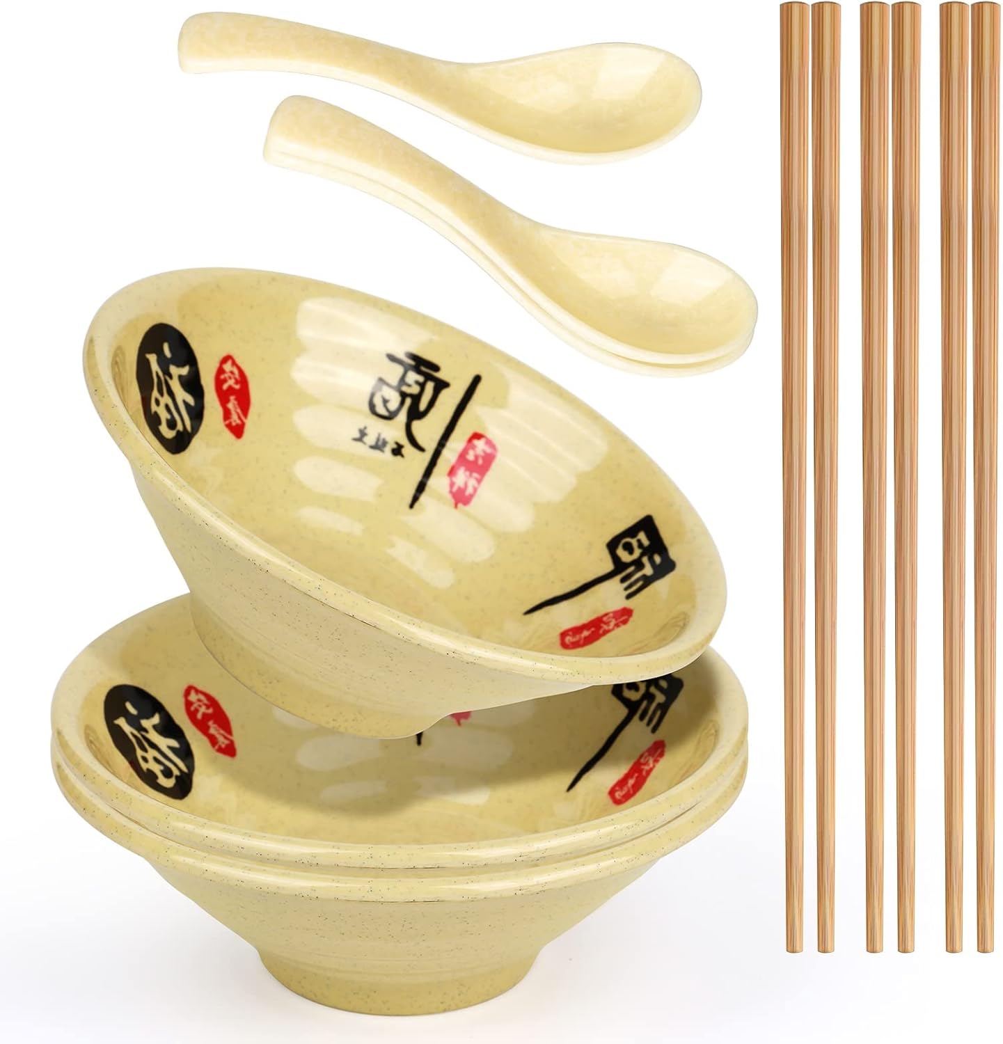 Melamine Ramen Bowl Chinese Japanese Style Soup Bowl Ramen Japanese Ramen Bowl, Instant Ramen Bowl, For Udon, Soba, Fo, Noodles, Breakfast, Melamine Material, Soup Bowl, Ramen, Asian Cooking (Color: A-3 sets/beige, Size: 9 inches)
