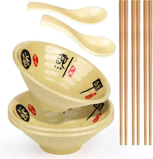 Melamine Ramen Bowl Chinese Japanese Style Soup Bowl Ramen Japanese Ramen Bowl, Instant Ramen Bowl, For Udon, Soba, Fo, Noodles, Breakfast, Melamine Material, Soup Bowl, Ramen, Asian Cooking (Color: A-3 sets/beige, Size: 9 inches)