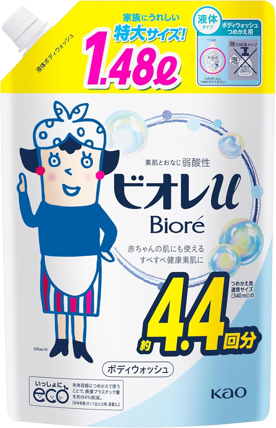 Biore U Body Soap, 4.4 Refills, 4.4 fl oz (1.48 L), Soap, Weakly Acid, Can Be Used on Baby's Skin, Large Capacity, Body Wash