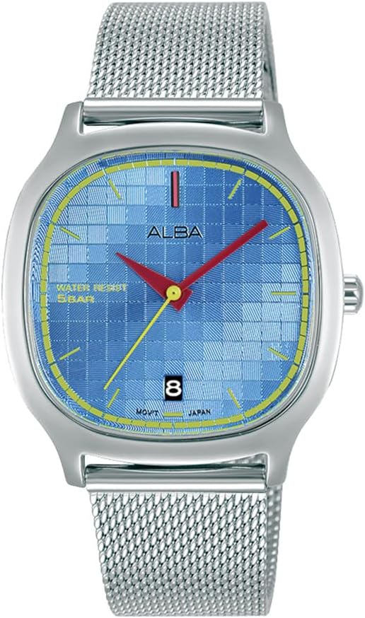 Seiko ALBA Alba AG8L05X1 Blue Quartz Men's, Women's, Unisex, Boys, Stainless Steel, Analog, Date, Calendar, Square, Square Shape, blue, Bracelet Type