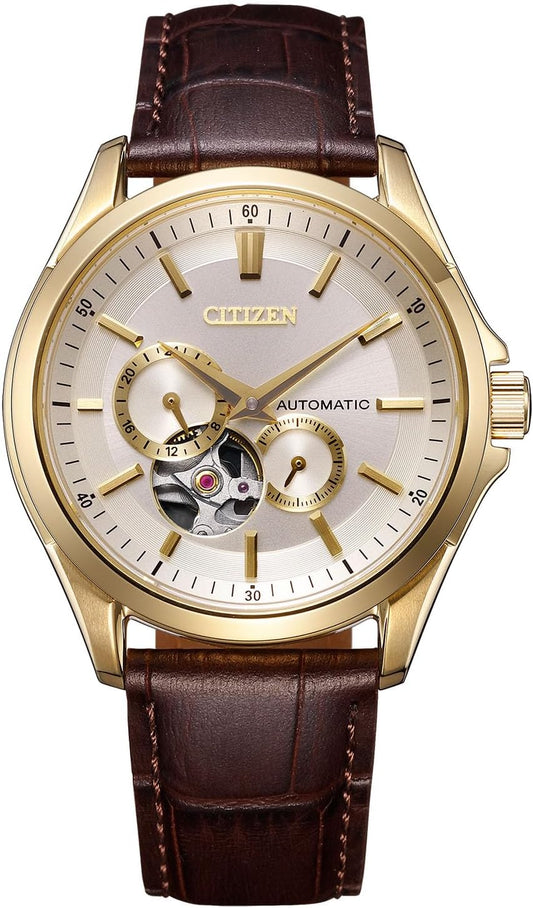 Citizen NP1013-02P Men's Watch, Open Heart, Mechanical, Waterproof, Gold, Brown, Braun