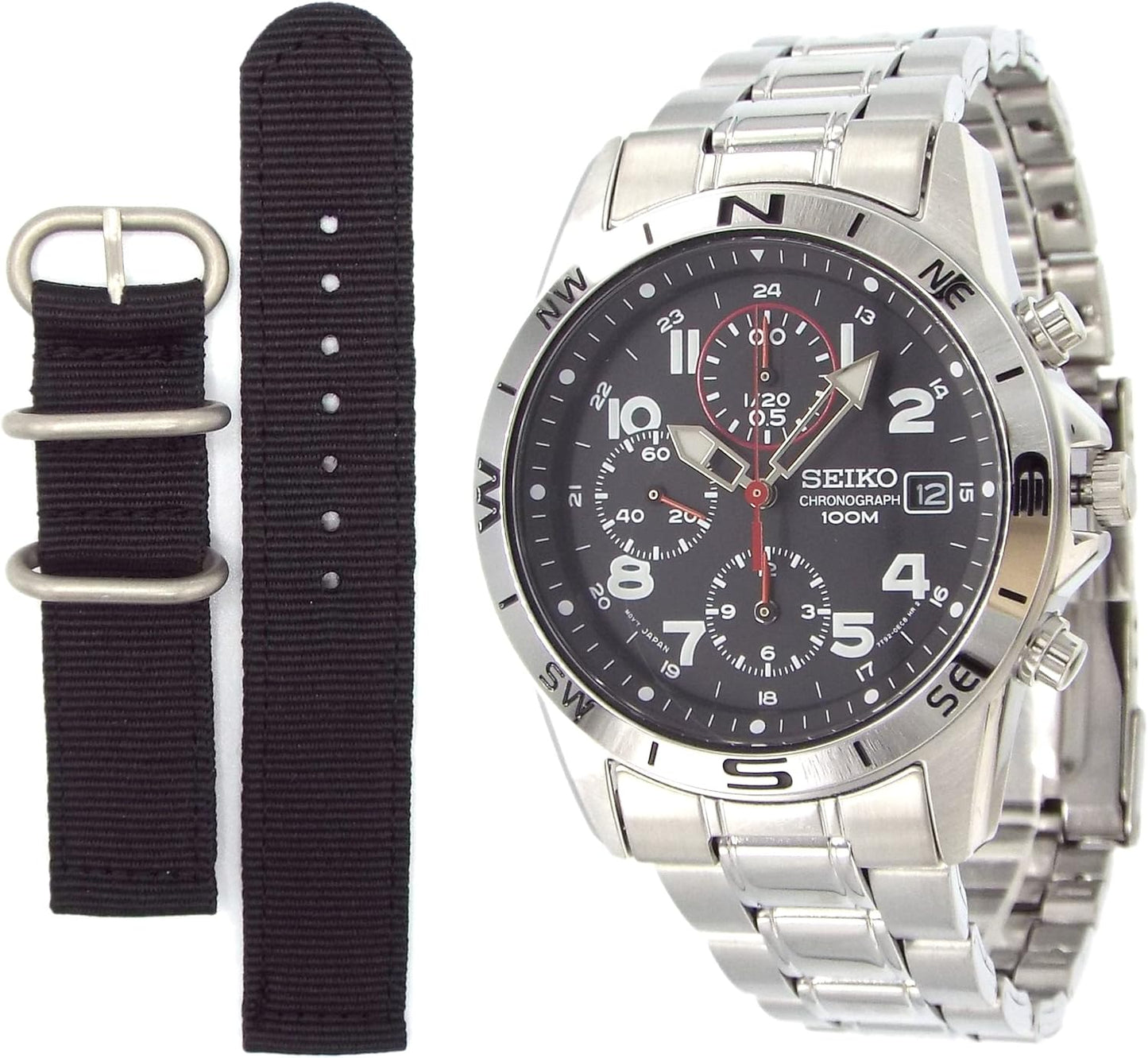 Seiko SND375P Men's Chronograph Watch with Military Style Strap, Black x Red, Regular Distribution, sports