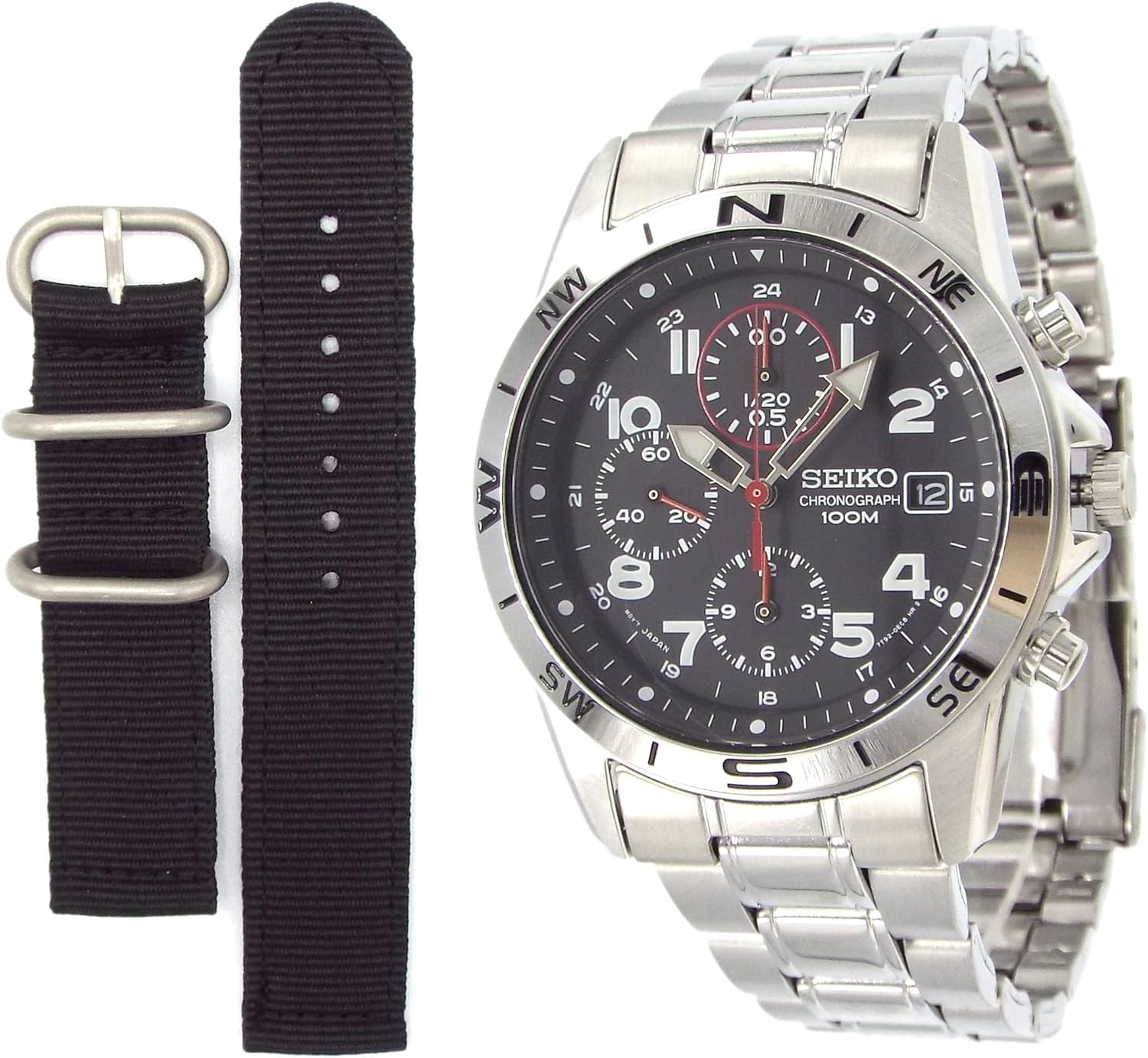 Seiko SND375P Men's Chronograph Watch with Military Style Strap, Black x Red, Regular Distribution, sports