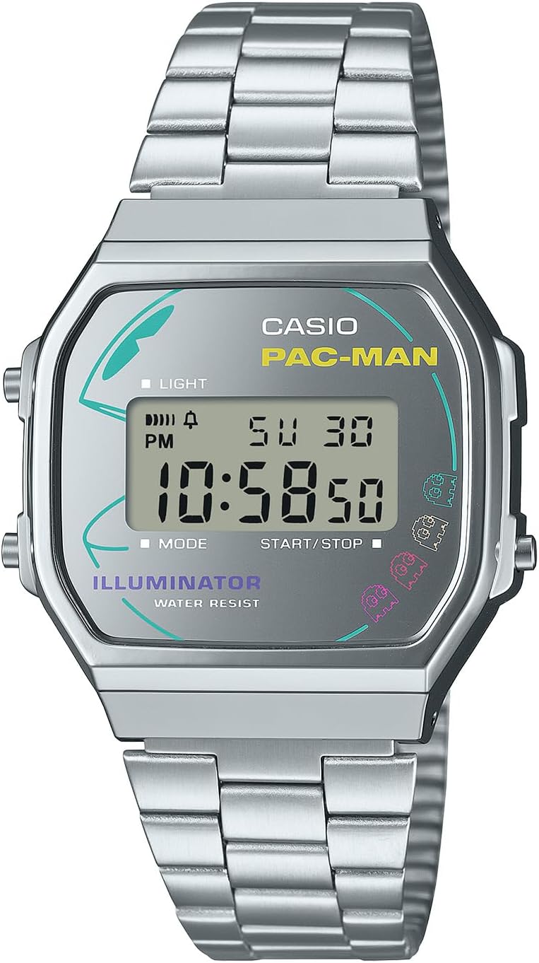 Casio Classic A168WEPC-7AJR Men's Wristwatch, PAC-MAN Collaboration Model, Uses Biomass Plastic, Silver, Silver, Bracelet Type