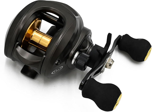 waku fimac Bait Reel, Right and Left Handle, Supports Jigging, Maximum Drag Force, 17.6 lbs (8 kg), 13 + 1 BB, Black x Gold Spool, For Saltwater and Freshwater Bass, Sea Bass, Rockfish