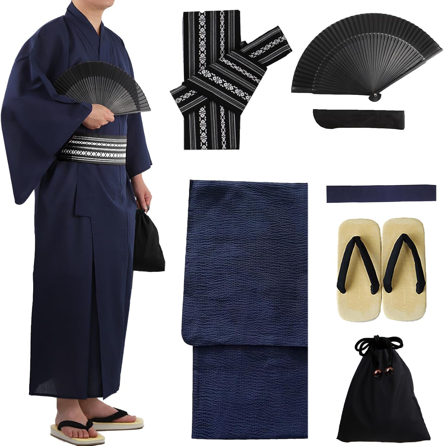TOuWA Men's Yukata Set, 7-Piece Set, Men's Yukata, One-touch Square Belt, Shingen Bag, Waist Strap, Fan, Fan Holder, Cushion, Seta), Large Size, Easy to Wear, Summer Festivals, Fireworks Displays