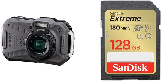 Pentax WG-1000 2153 Gray SD128GB Set, Genuine Waterproof Digital Camera, 32.9 ft (15 m) Waterproof (1 Hour Consecutive), 6.6 ft (2 m), Shockproof, Dustproof