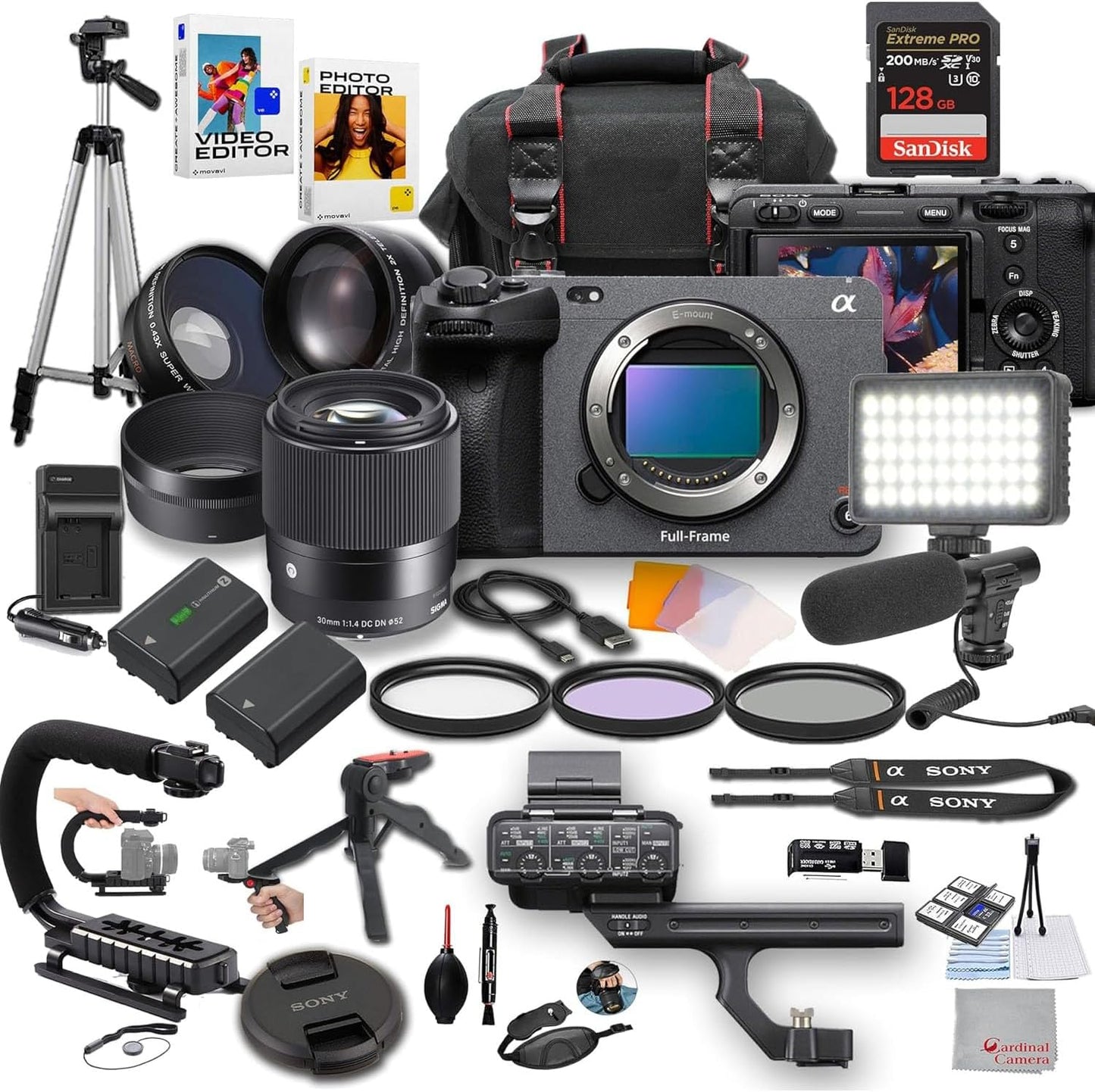 Sony FX3A フルフレームシネマカメラ Sigma 30mm f/1.4 DC DNレンズ、LEDライト、マイク、128GB極速度、Uグリップ、フィルター、三脚、ケース、ソフトウェアなど付き – プロビデオバンドル(36個)