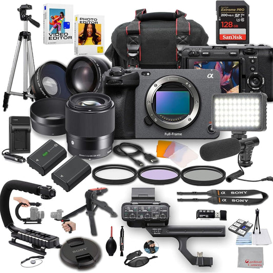 Sony FX3A フルフレームシネマカメラ Sigma 30mm f/1.4 DC DNレンズ、LEDライト、マイク、128GB極速度、Uグリップ、フィルター、三脚、ケース、ソフトウェアなど付き – プロビデオバンドル(36個)