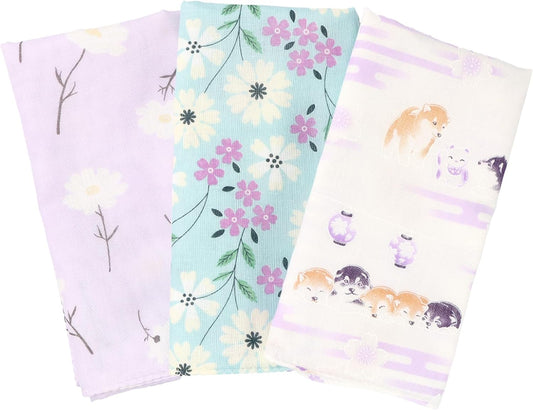 Cluster Japanese Tenugui, Double Layer, Japanese Bleached Gauze, Anti-fraying Treatment, Mameshiba (Lavender) and Hanaraman Pattern, Set of 3