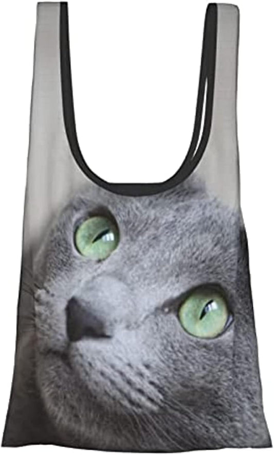 Folding Eco Bag, Siamese Cat, Photographic, Cute Shopping Bag, Waterproof, Large Capacity, Compact, Tote Bag, With Pockets, Lightweight, Convenience Store, Anime, Goods, Present, fish blue cat