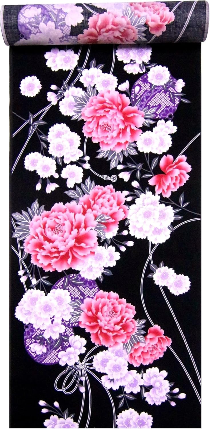 Yukata Kimono No. 83, Button Pattern, Black, Black