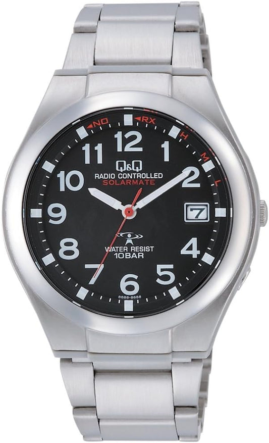 Citizen Q&Q HG12-205 Men's Analog Wristwatch, Radio Control, Solar, Waterproof, Date Metal Band, Black