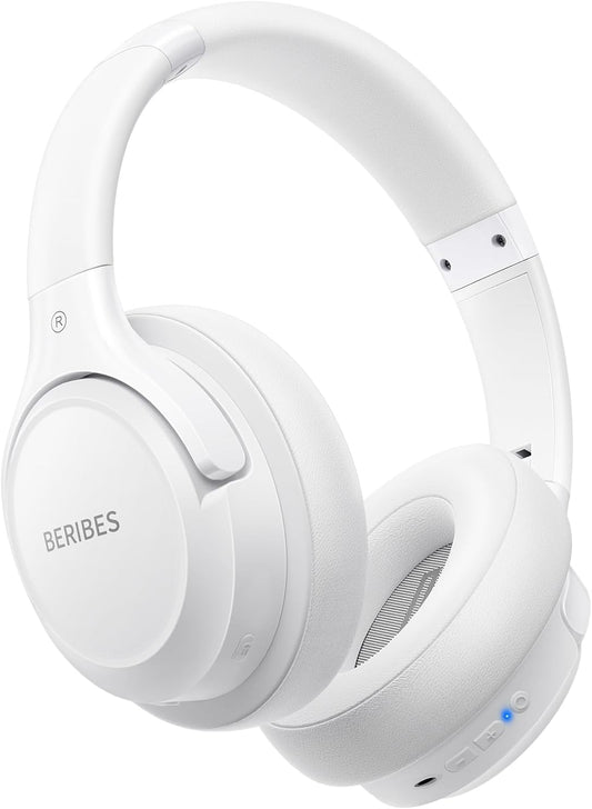 BERIBES Bluetooth Headphones, 65 Hours Playtime, 6 EQ Modes, Wireless Headphones, Bluetooth 6.0, Weighs Only 6.3 oz (180 g), Comfortable Fit, Headphones with Microphone, HIFI Stereo, Wired and Wireless, Dual Use, Noise Insulation, Sealed Type (White)