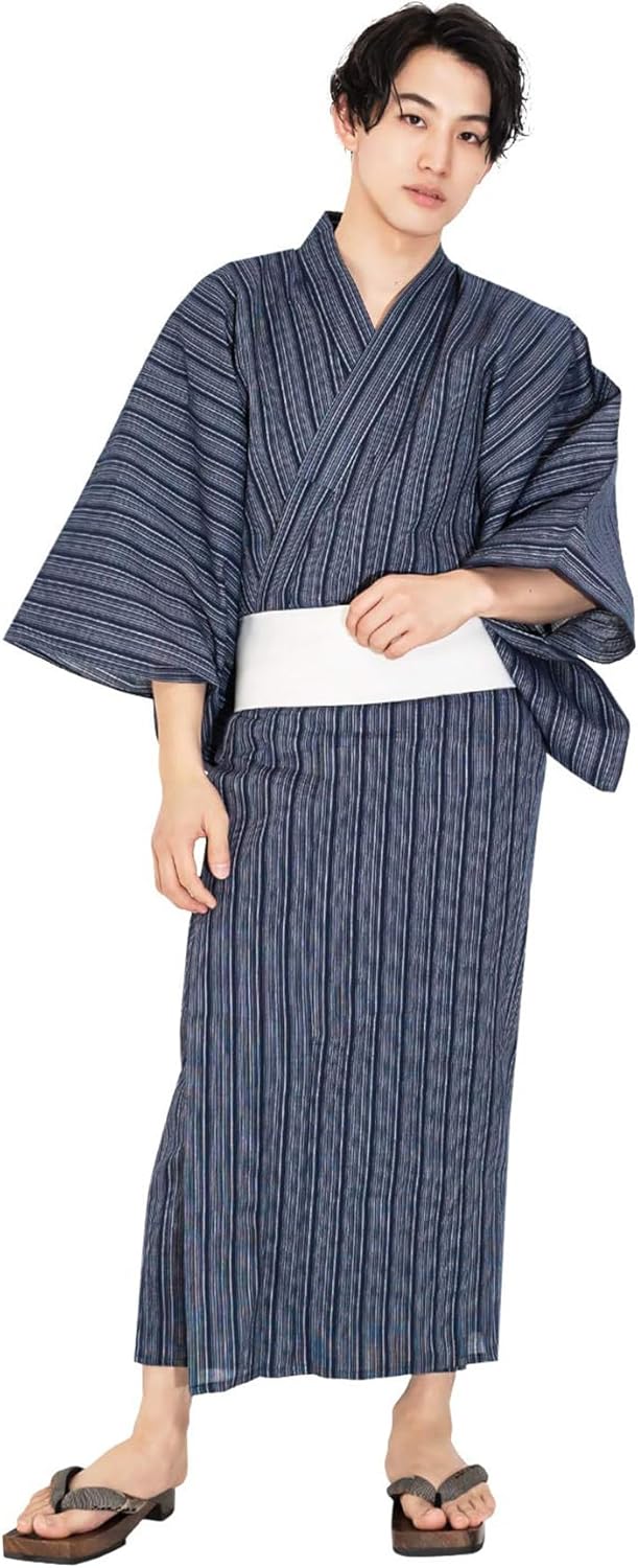 Kyoetsu Men's Yukata Set, Men's, Black, Navy, Stylish, 4-piece Set