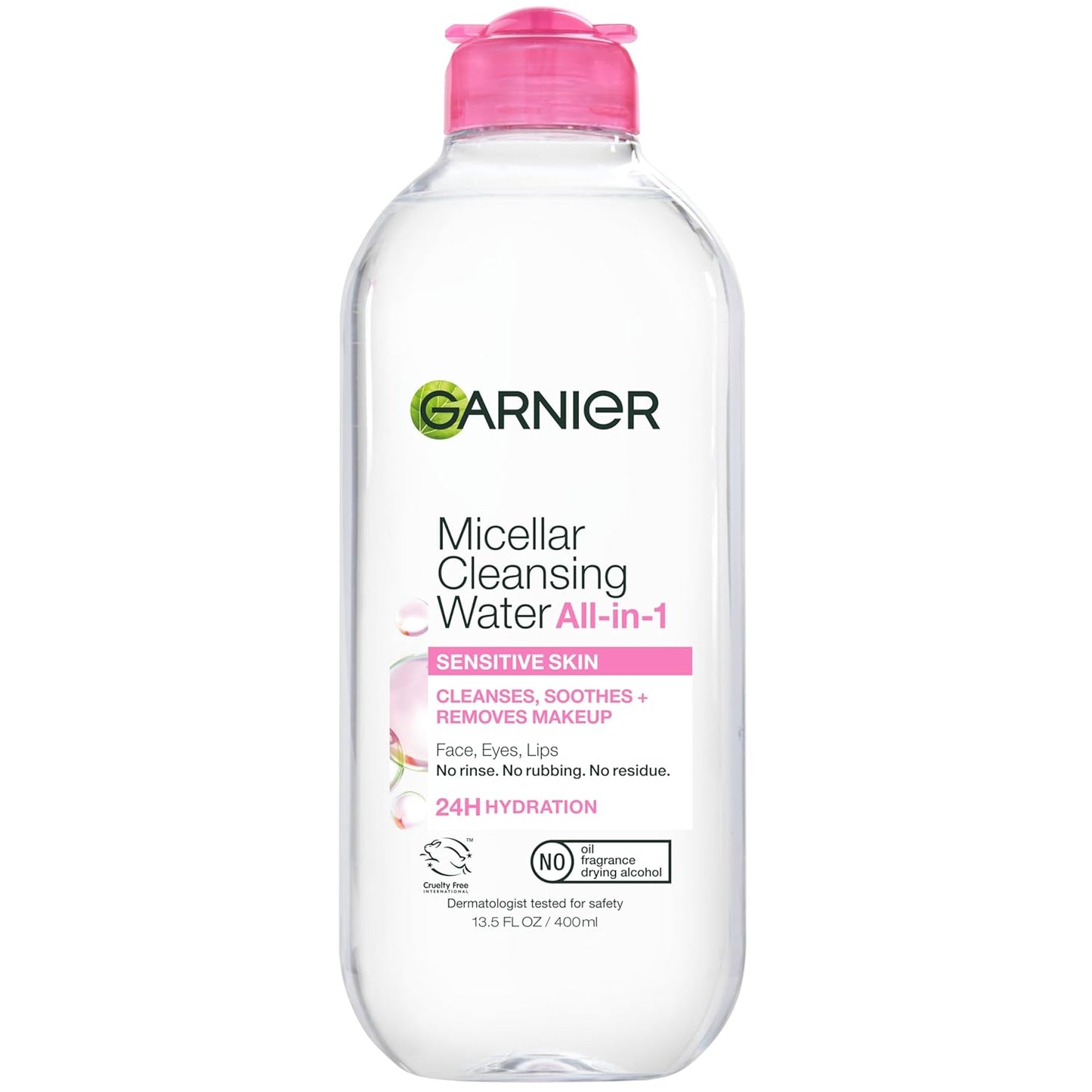 Agua micelar Garnier, limpiador facial hidratante y desmaquillante, adecuada para pieles sensibles, vegana, sin crueldad animal, 13.5 fl oz (400mL), 1 unidad