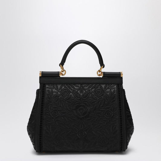 Dolce  Gabbana ドルチェ＆ガッバーナブラック刺繍ハンドバッグシチリア媒体 - Image 1