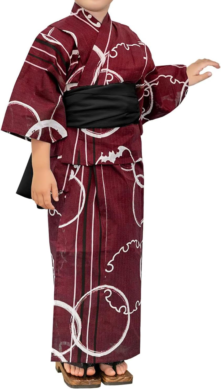 Kyoetsu Boys Yukata Set, Changeable Weaving, 3-Piece Set (Yukata, Waistband, Geta Clogs)