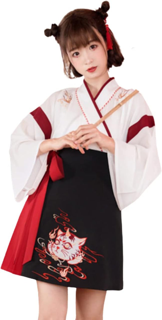 Lady Lazy Taisho Roman Hakama Set, Short, Shrine Maiden, Yukata, Kimono, Chinese Clothing, Cosplay, With Obi, Cat Mata, Fox, Above Knees