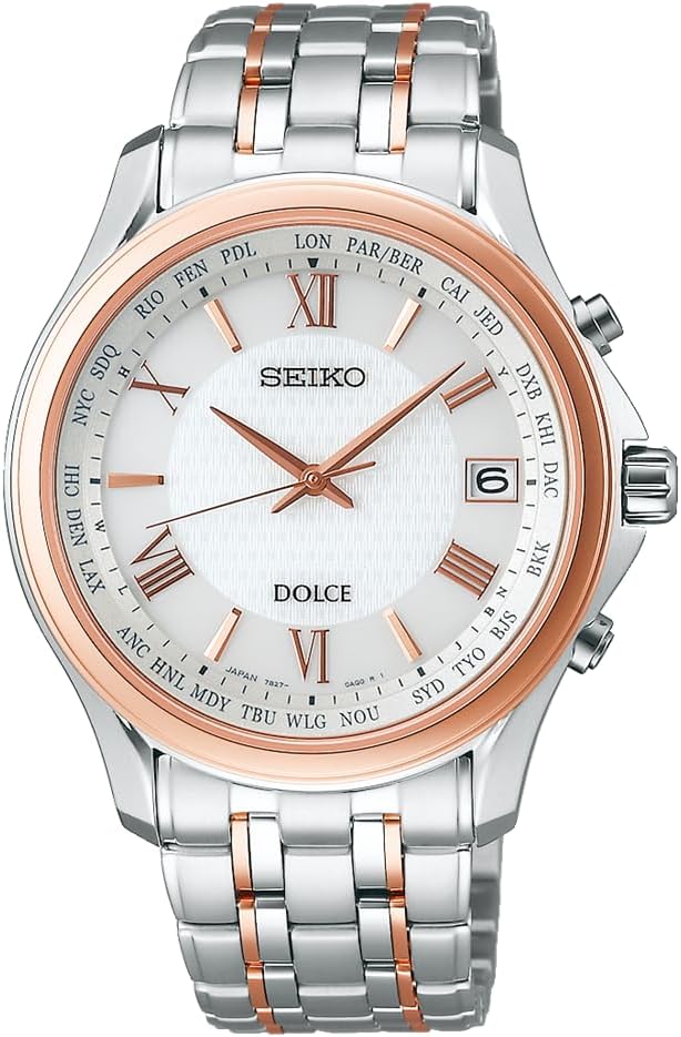 Seiko Dolce Men's Thin Titanium Solar Radio Pair, Case: Silver & Pink Gold / Dial: White, Wristwatch, Solar Radio, Titanium Model, White Dial