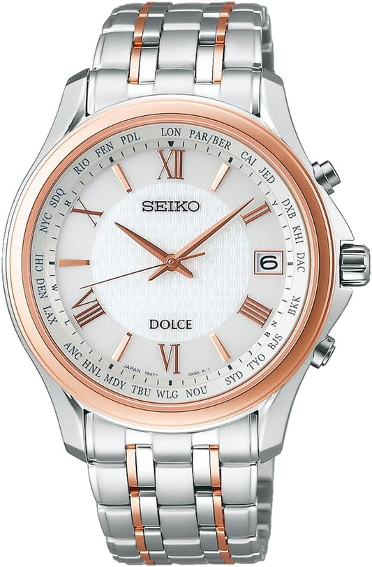 Seiko Dolce Men's Thin Titanium Solar Radio Pair, Case: Silver & Pink Gold / Dial: White, Wristwatch, Solar Radio, Titanium Model, White Dial