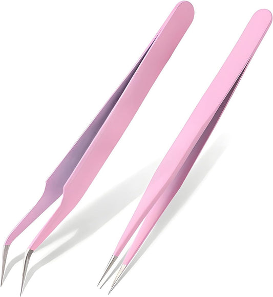 Eyelash Tweezers, False Eyelash Tweezers, 5 Colors, 2 Pieces, Stainless Steel, Includes 2 Types, Curtio/Straight Head, Precision Design, Easy to Use (Pink)