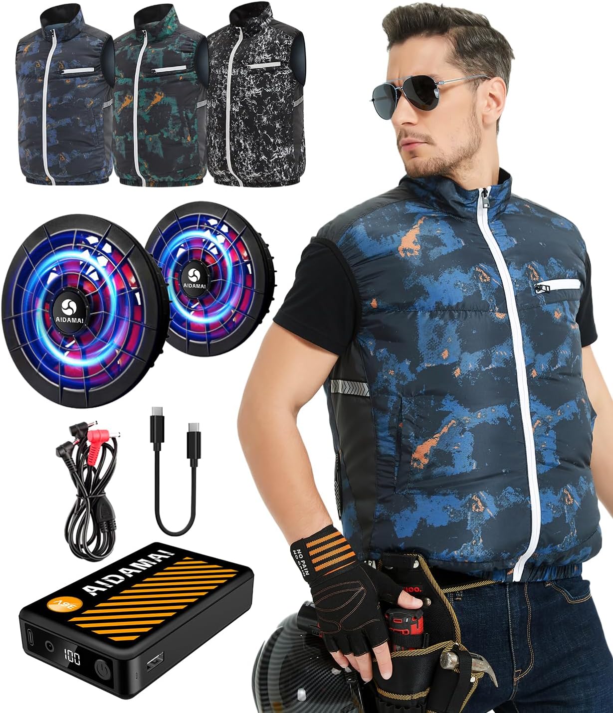 AIDAMAI Fan Battery Set with Fan [2025 Strongest Storm Storm, 36V Ultra High Output], Large Capacity, 25,000 mAh, Air Cooling Adjustment Work Clothes, Brushless Motor, Silent, Long Life, Heat