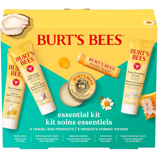 Burt's Bees Ideas de regalos para el día de la madre: set esencial para el día a día, 5 productos de tamaño de viaje, crema de limpieza profunda, bálsamo de manos, loción corporal, crema para pies y bálsamo labial original