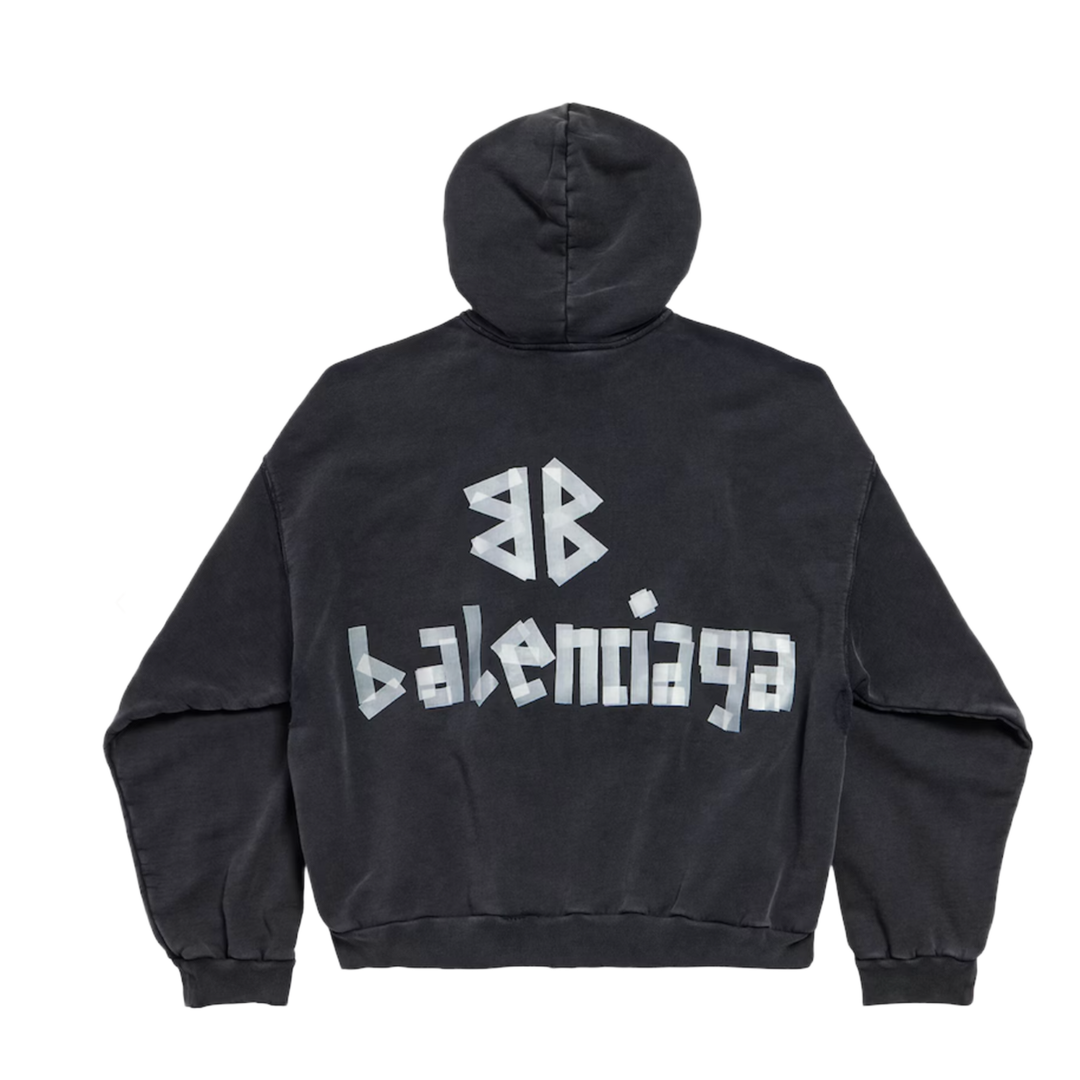 BALENCIAGA 'DISTRESSED TAPE LOGO' BLACK HOODIE