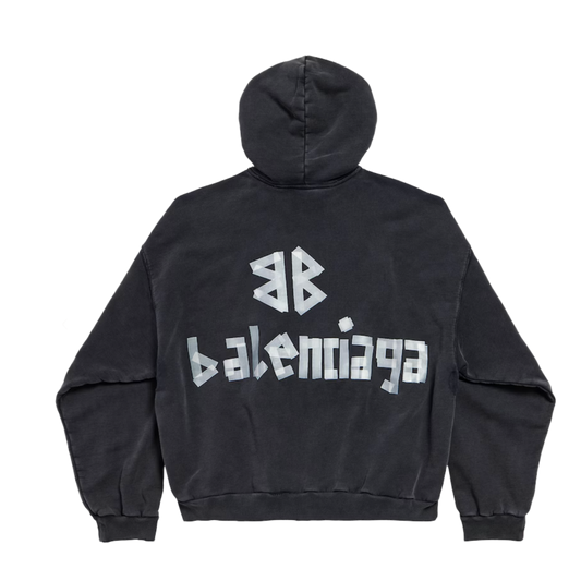 BALENCIAGA 'DISTRESSED TAPE LOGO' BLACK HOODIE