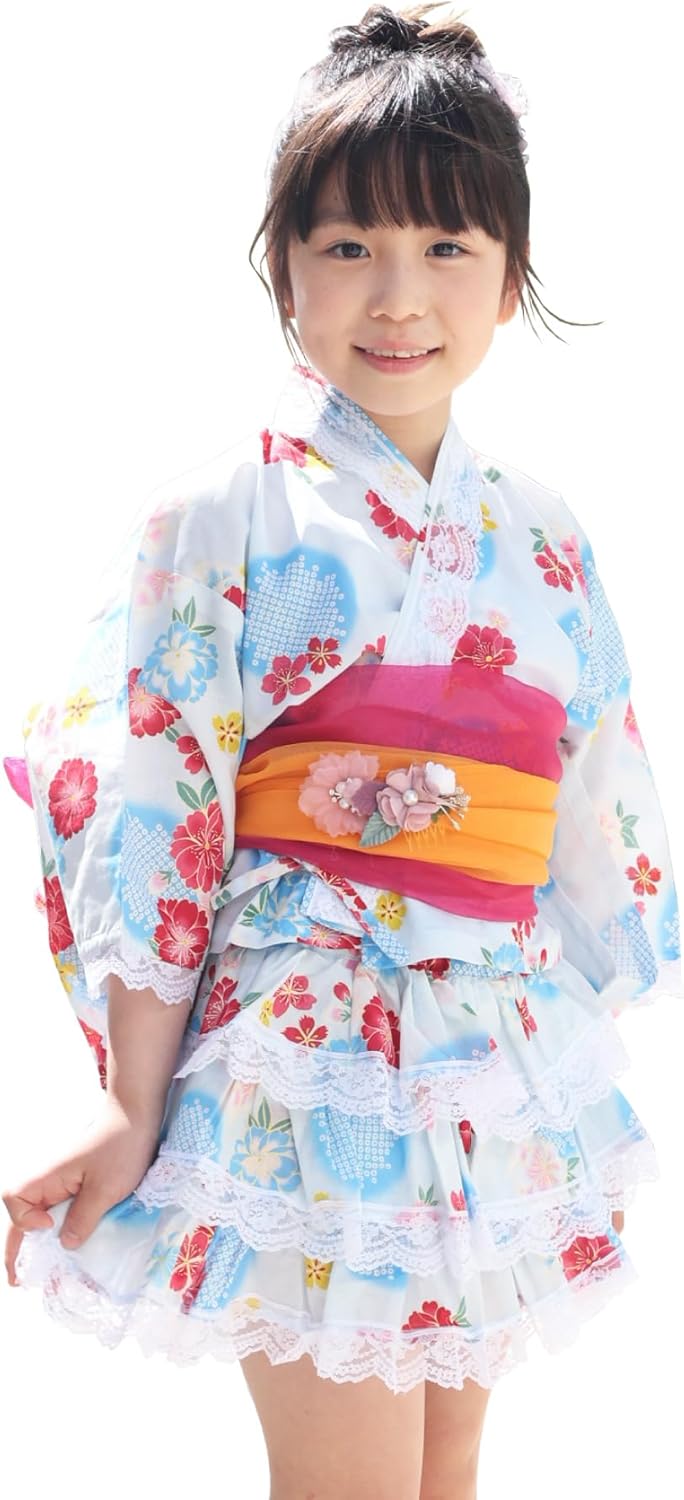 Nishiki Separate Yukata + Heko Obi 2 Piece Set, One-Piece Yukata, 100% Cotton, Girls, Kids, Sizes 3 - 8 (100 / 110 / 120)