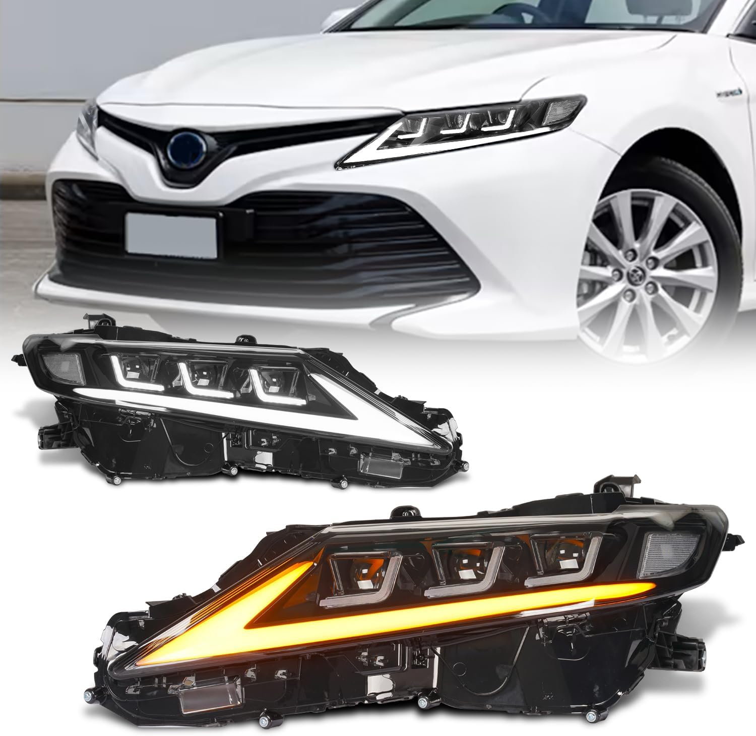 Archaic Camry 70 Series Headlight, 3-Eyed Projector, Headlight, All LED, Flowing Turn Signal and Opening Motion, Can Be Turned On and Off, Genuine Replacement, Pong Included, Set of 2 Left and Right