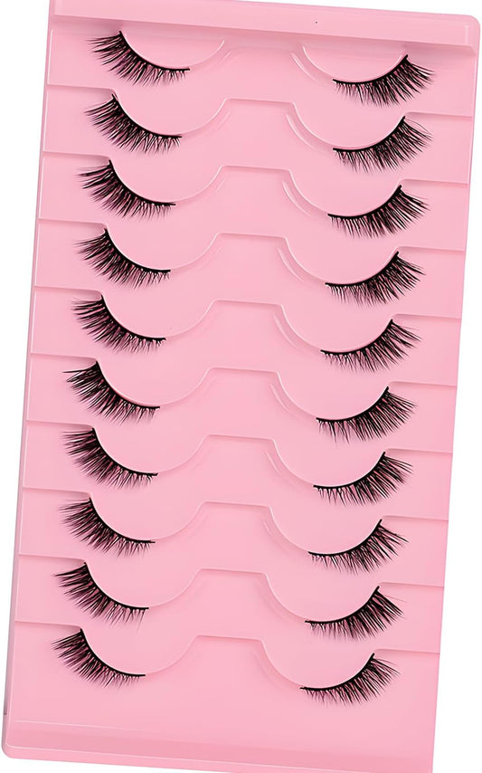 WALWAL False Eyelashes - Natural Curly 3D Volume Fake Mink Eyelashes, Perfect for Cat Eye Makeup! Fluffy, Light and Attractive (Half Eyelash Style C, 10 Pairs)