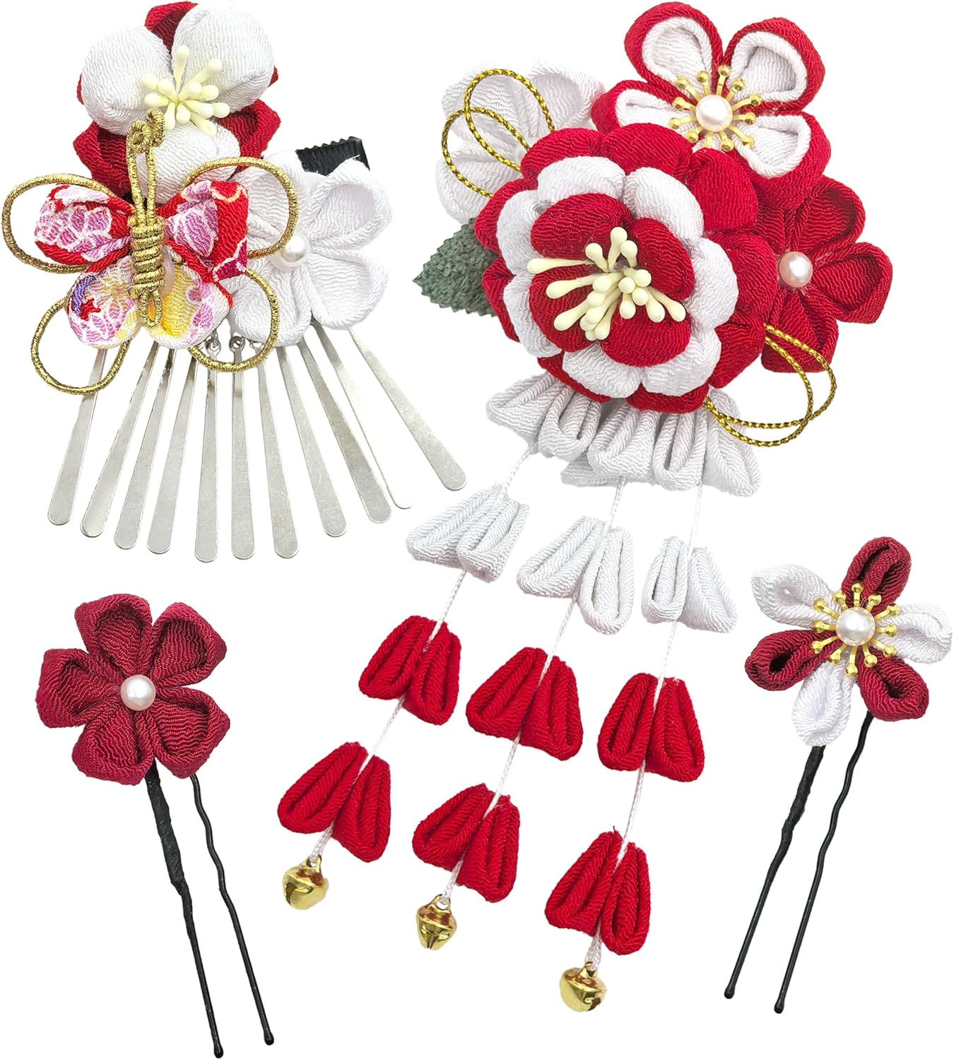 [Jzoon] 髪飾り 蝶 4点セット 成人式 七五三 卒業式 結婚式 浴衣 袴 振袖 和装 手作り つまみ細工 花 鈴付き 赤 H2112