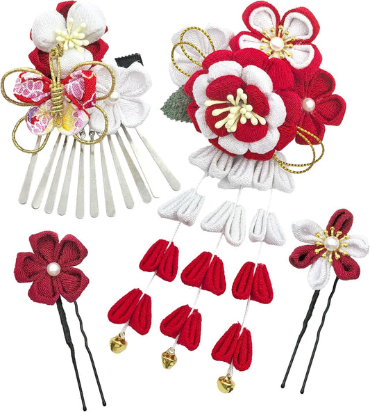 [Jzoon] 髪飾り 蝶 4点セット 成人式 七五三 卒業式 結婚式 浴衣 袴 振袖 和装 手作り つまみ細工 花 鈴付き 赤 H2112