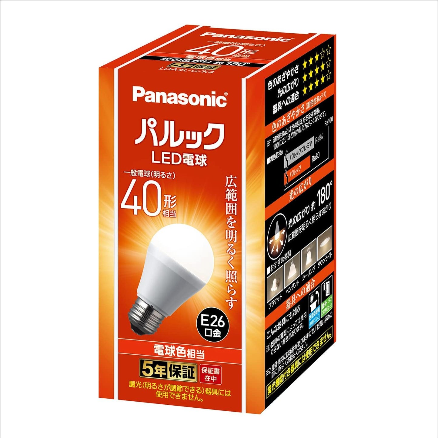 Panasonic LED Bulb, Base Diameter 26mm, 40-Watt Bulb Equivalent, Warm White Equivalent (4.4 W), General Bulb, Wide Light Distribution Type for Broad Illumination, 1-piece, Sealed Fixture Compatible