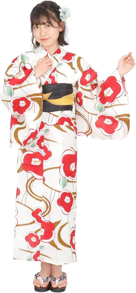 Children's Yukata, 2-piece Set, With Waist Belt, Girls' Yukata, 5.5 inches (140 cm), 5.9 inches (150 cm), Floral Pattern, Easy to Wear, Junior, Parent and Child Set